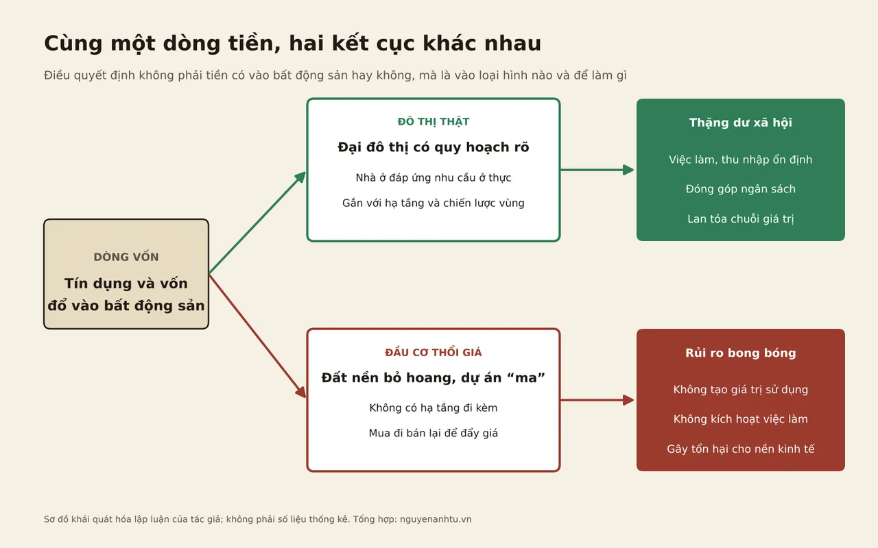Sơ đồ cùng một dòng vốn vào bất động sản có hai kết cục: đô thị thật có quy hoạch rõ tạo thặng dư xã hội, còn đất nền bỏ hoang và dự án ma gây rủi ro bong bóng