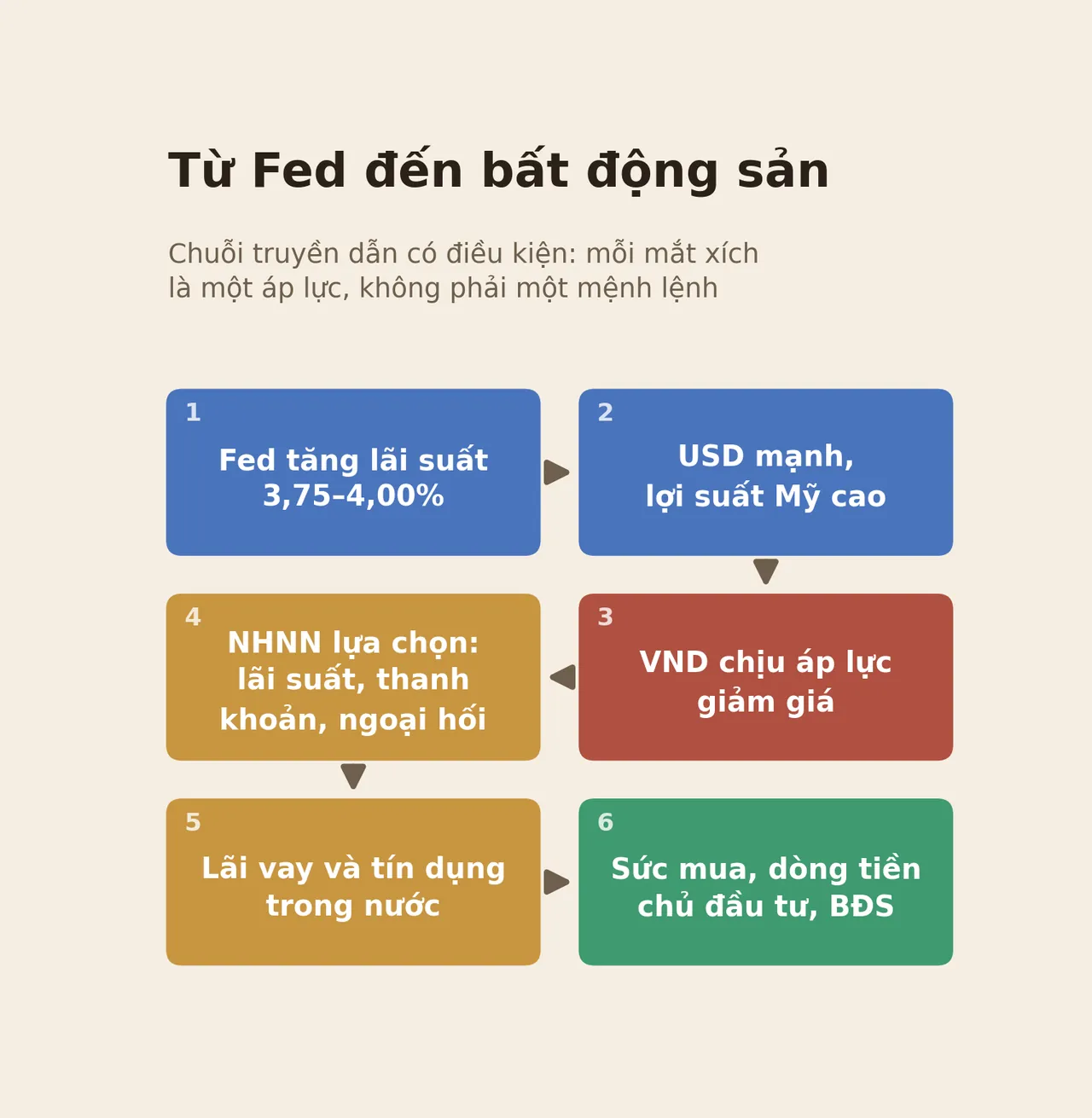 Sơ đồ sáu bước truyền dẫn từ việc Fed tăng lãi suất qua USD mạnh, VND chịu áp lực, lựa chọn của Ngân hàng Nhà nước, lãi vay trong nước, đến sức mua và thị trường bất động sản