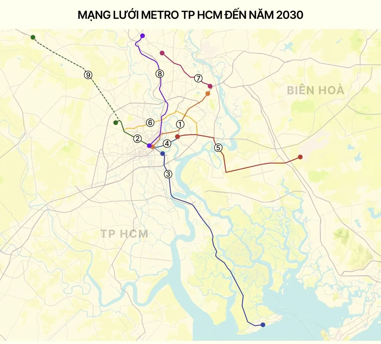 Bản đồ mạng lưới metro TP.HCM đến năm 2030 gồm chín hạng mục đánh số từ 1 đến 9, tỏa từ trung tâm TP.HCM tới Cần Giờ, Long Thành, Thành phố mới Bình Dương và Củ Chi