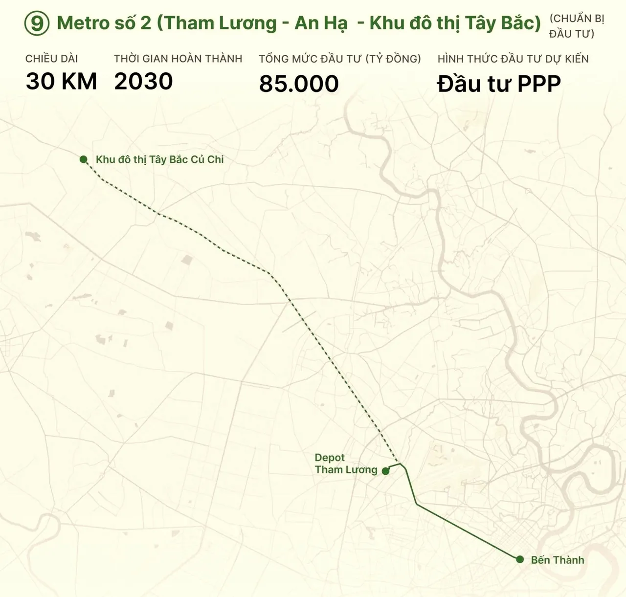Sơ đồ Metro số 2 đoạn Tham Lương – An Hạ – Khu đô thị Tây Bắc Củ Chi dài khoảng 30km, nối tiếp từ depot Tham Lương và Bến Thành