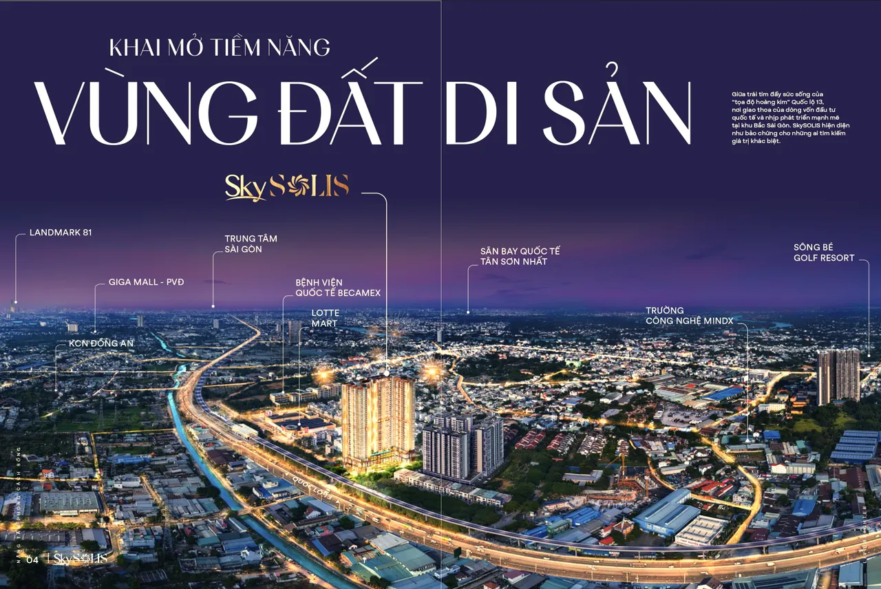 Toàn cảnh SkySOLIS và các mốc lân cận: Lotte Mart, bệnh viện Becamex, KCN Đồng An, Sông Bé Golf Resort, sân bay Tân Sơn Nhất, Landmark 81