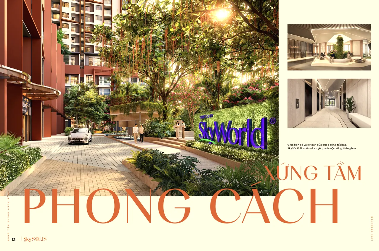 Sảnh cổng SkySOLIS với mảng xanh, cổng chào SkyWorld và lối đón xe