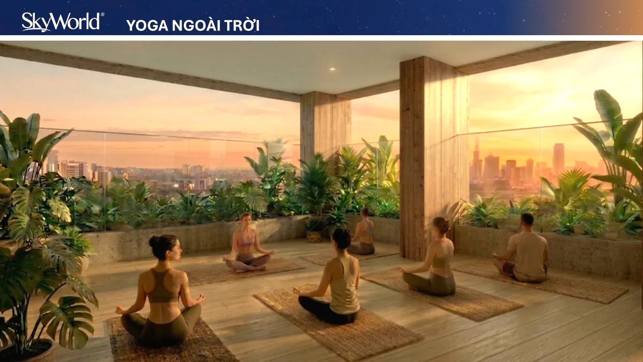 Không gian yoga ngoài trời nhìn ra đô thị