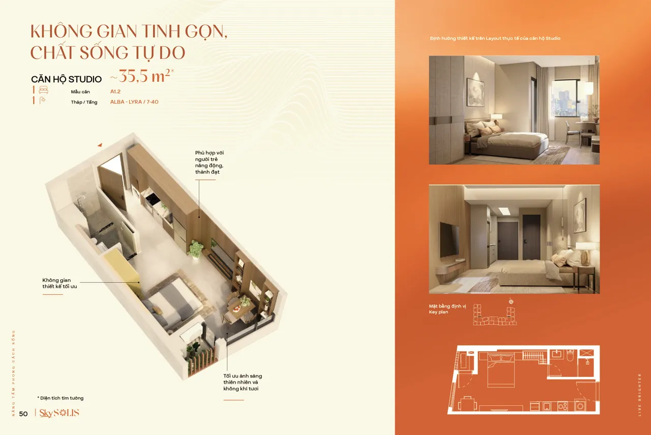 Layout căn hộ Studio A1.2 khoảng 35,5 m²