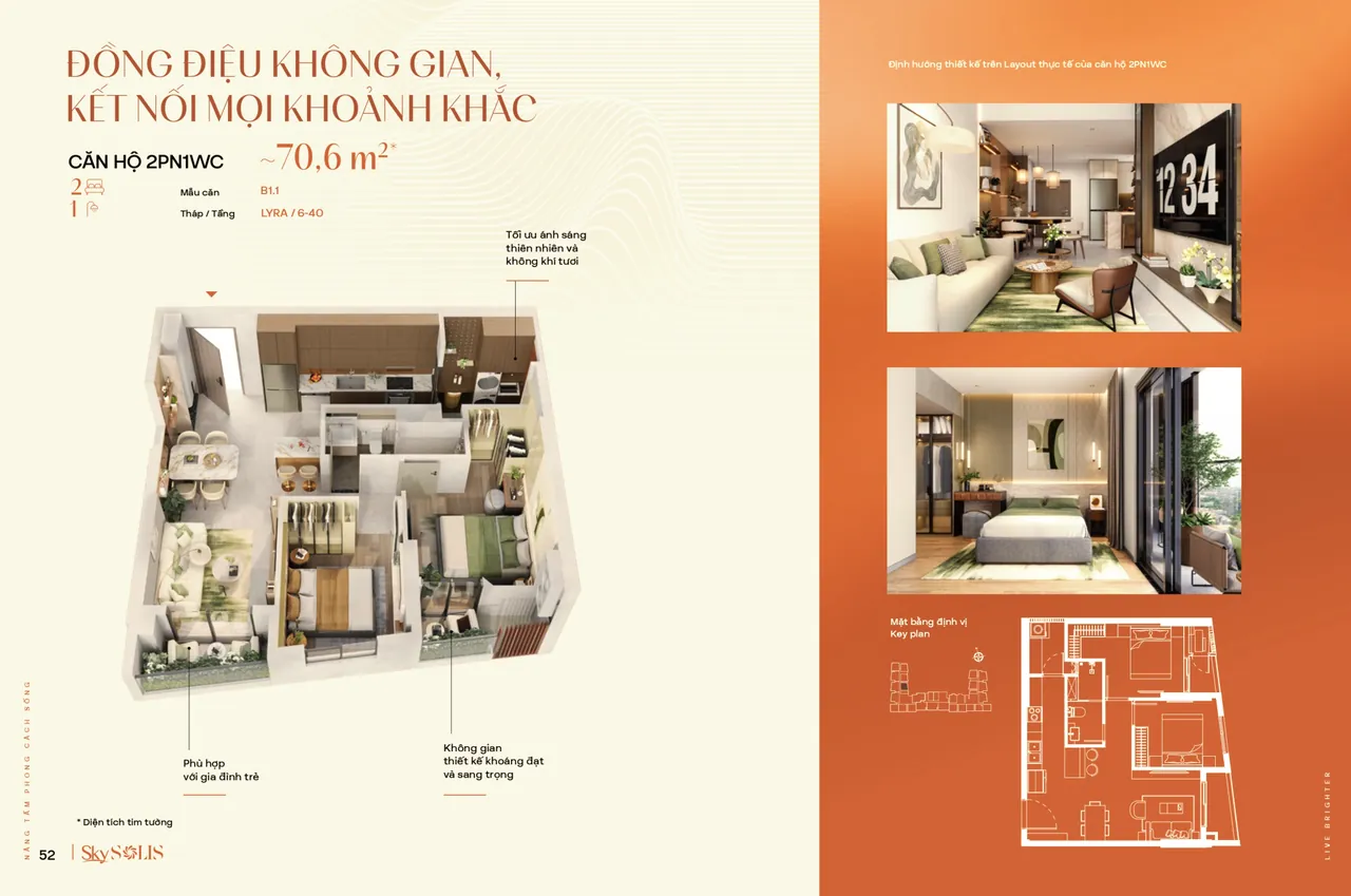 Layout căn hộ 2PN1WC B1.1 khoảng 70,6 m²