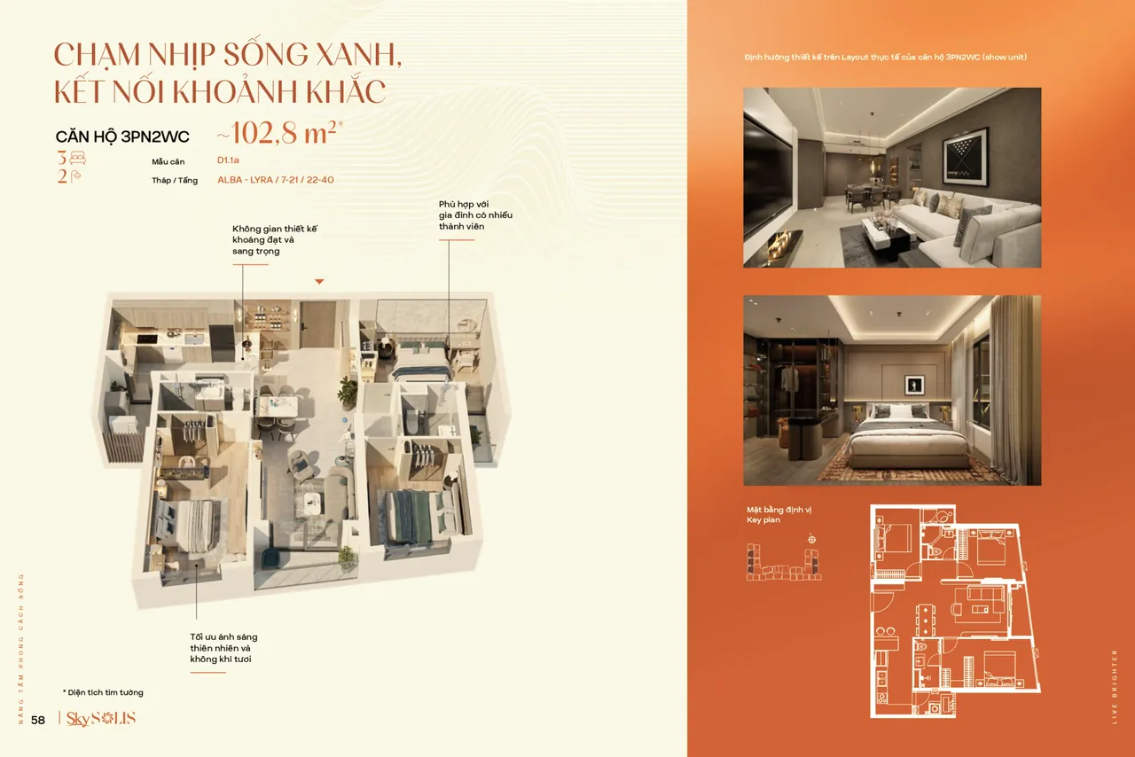 Layout căn hộ 3PN2WC D1.1a khoảng 102,8 m²