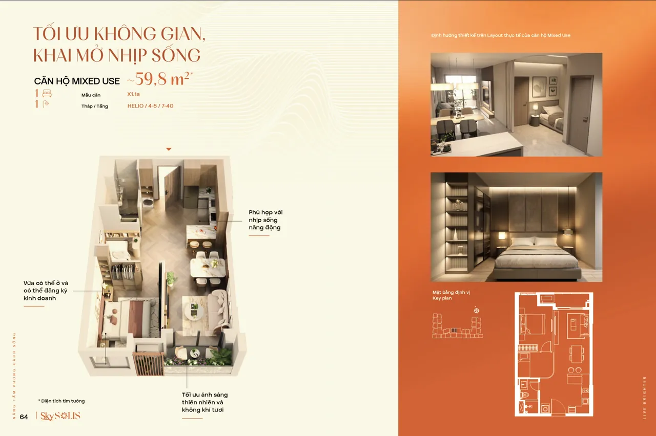 Layout căn Mixed-use X1.1a khoảng 59,8 m²