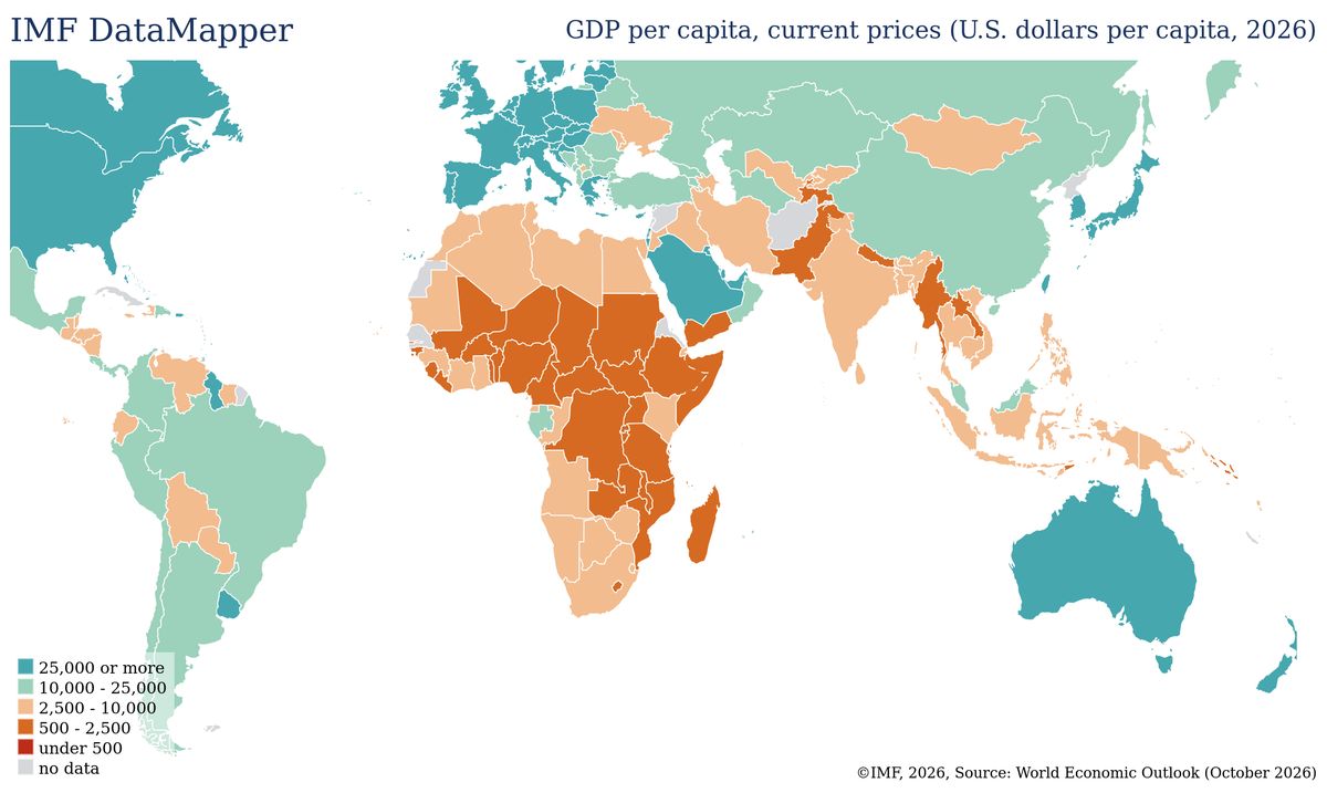 Bản đồ GDP bình quân đầu người thế giới năm 2026