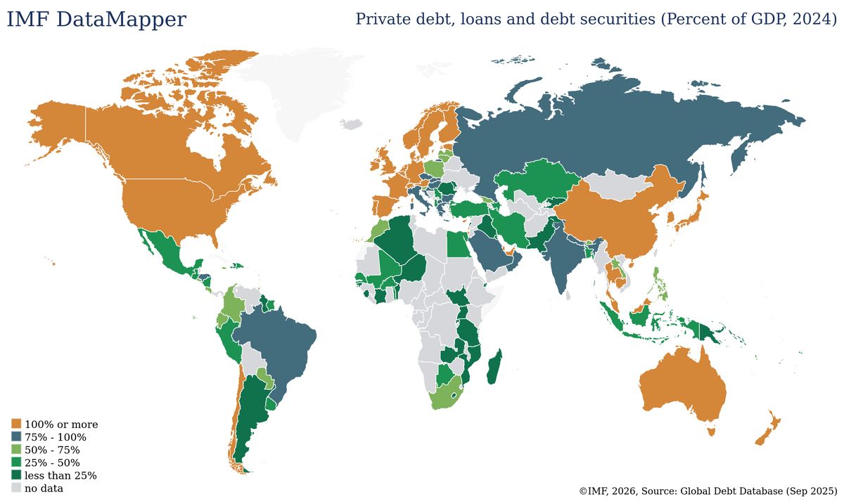 Bản đồ nợ tư nhân (vay và chứng khoán nợ) theo % GDP năm 2024 của IMF