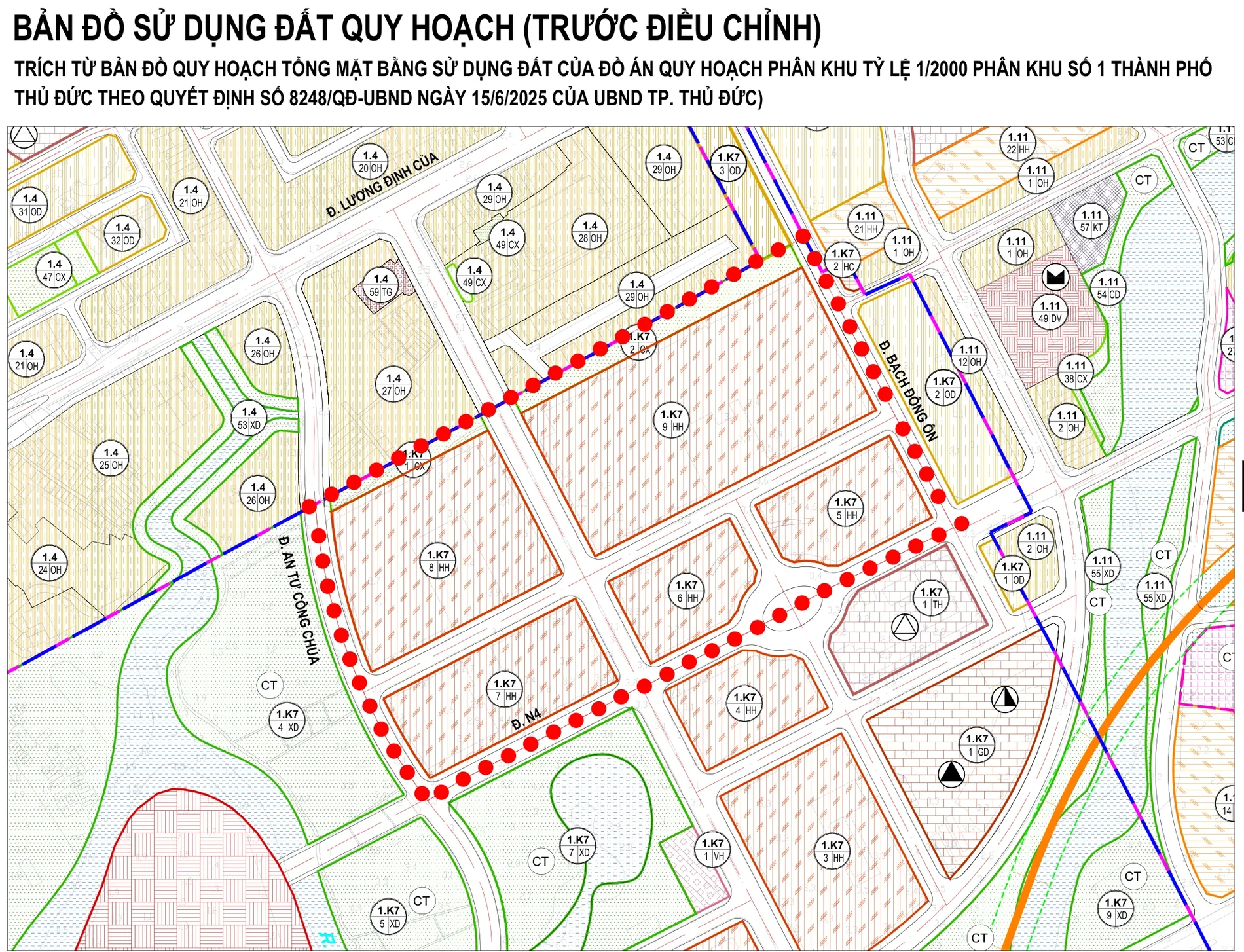Bản đồ sử dụng đất quy hoạch trước điều chỉnh khu tái định cư Bình Khánh, Thủ Thiêm, khoanh đỏ các ô phố ký hiệu 1.K7