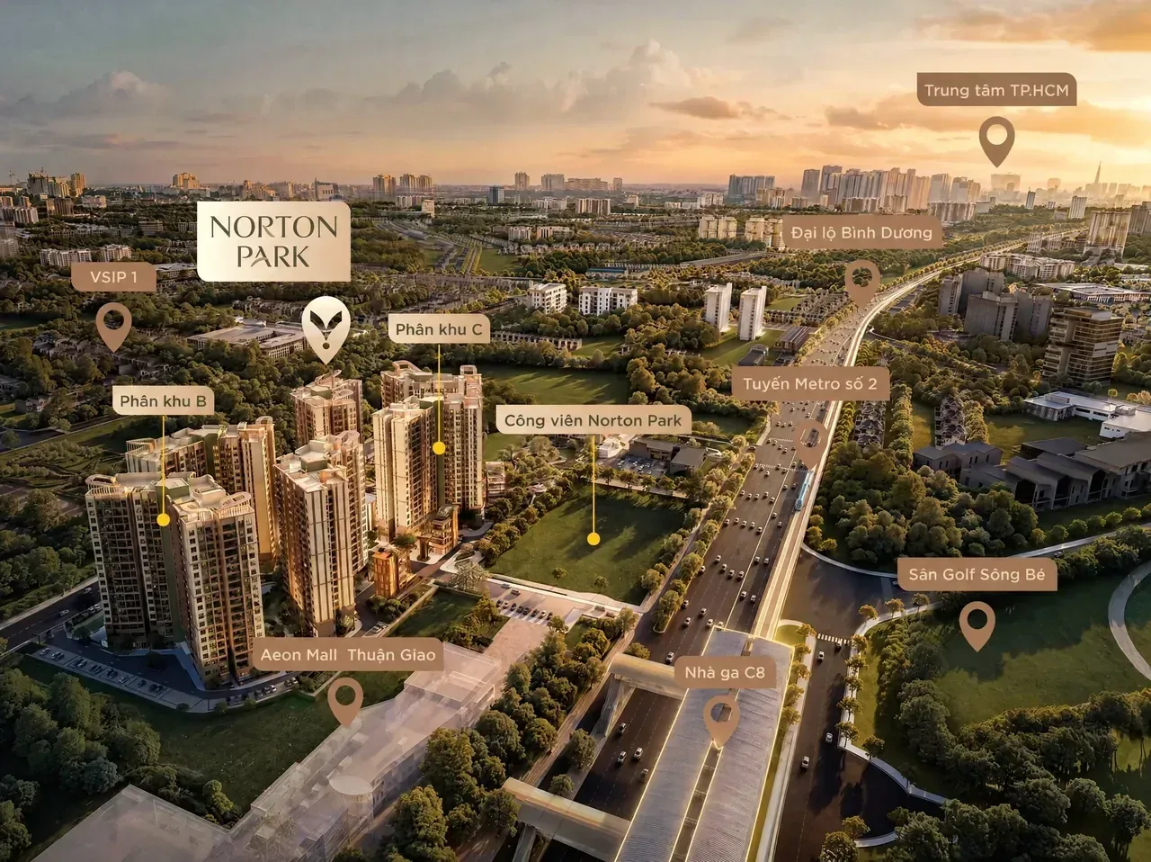Phối cảnh tổng thể Norton Park và các điểm kết nối quanh dự án: Đại lộ Bình Dương, Metro số 2, AEON Mall, VSIP 1