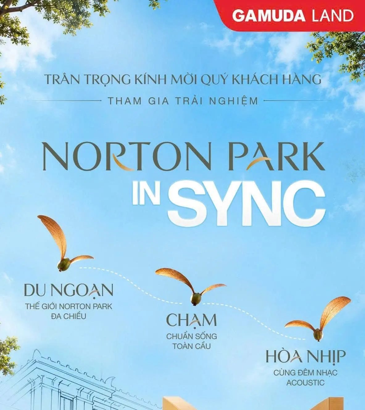 Poster sự kiện Norton Park In Sync của Gamuda Land với ba trải nghiệm Du ngoạn, Chạm và Hòa nhịp