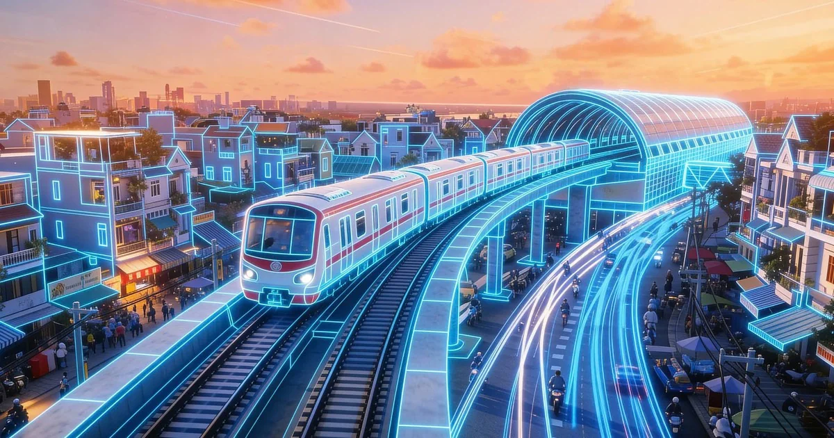 Hình minh họa tàu metro chạy trên tuyến trên cao đi qua khu dân cư lúc hoàng hôn